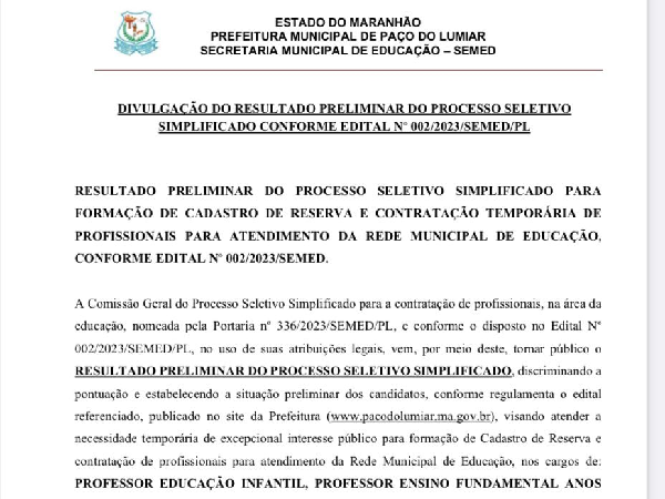 Processo Seletivo: Prefeitura de Paço do Lumiar divulga resultado preliminar da análise documental